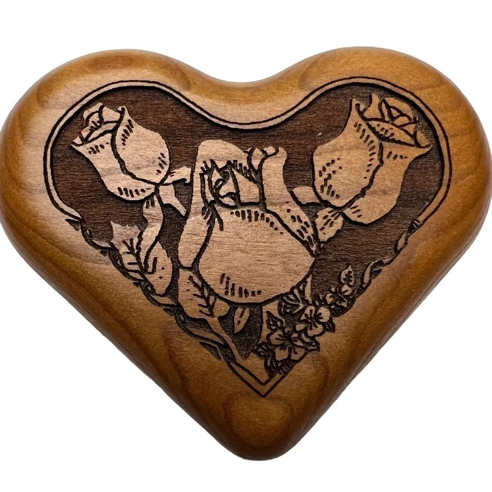 Wooden Carved Trinket Music Box In A Heart Shape Roses, Waltz Of The Flowers